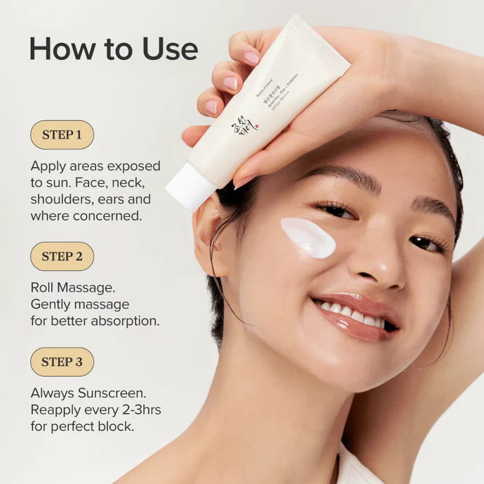 Woman applying sunscreen with a bottle, showing steps on how to use it.