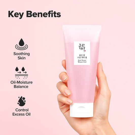 A hand holds a pink tube of Red Bean Water Gel against a soft pink background, with text on the left listing key benefits: soothing skin, oil-moisture balance, and control excess oil.