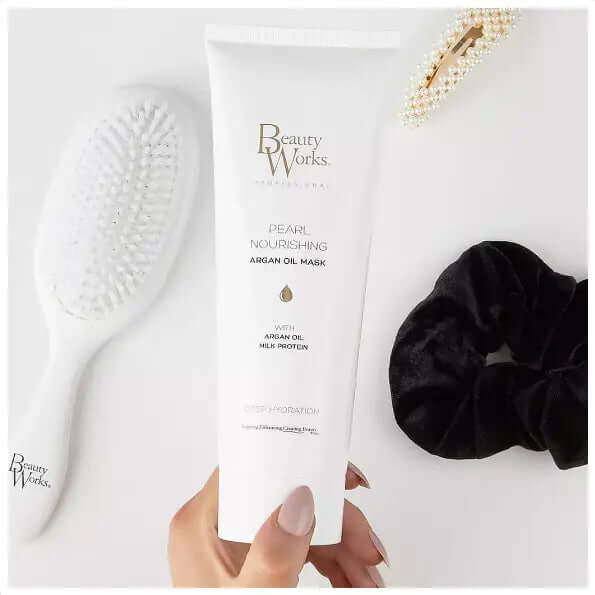 Beauty Works Pearl Nourishing Mask 250ml with Argan Oil and Milk Protein for deep hair hydration and shine.