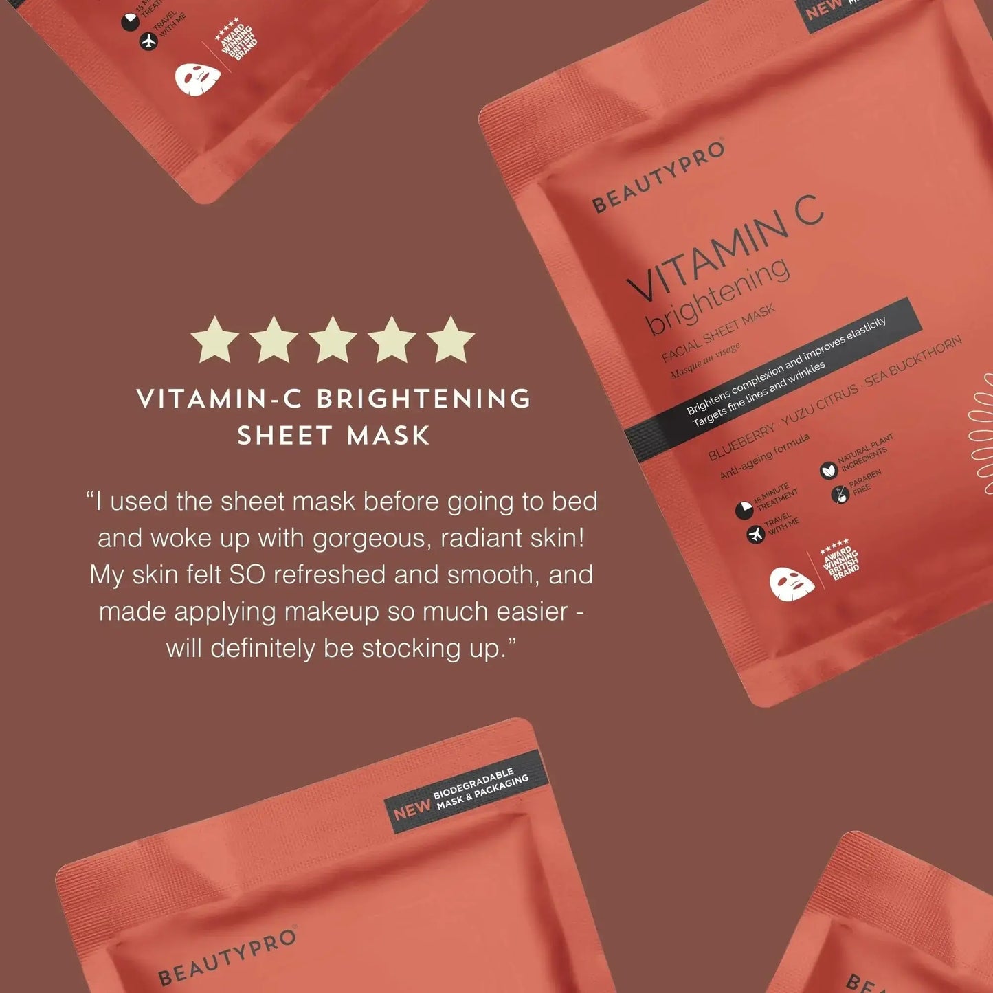 BeautyPro Vitamin C Brightening Collagen Sheet Mask packaging with glowing customer review and star ratings.