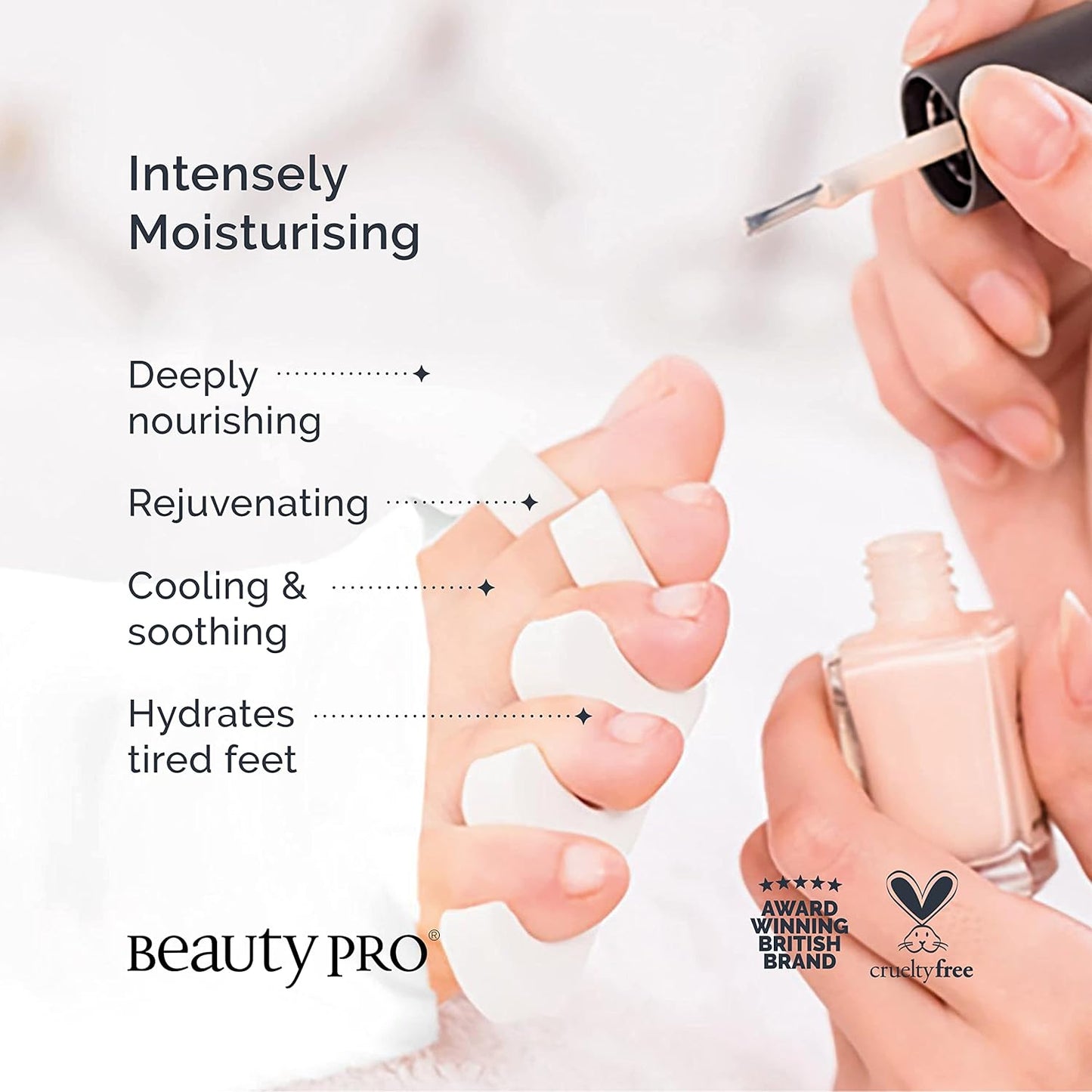 Hand holding a bottle of nail polish with text highlighting benefits and ' BeautyPro ' branding.