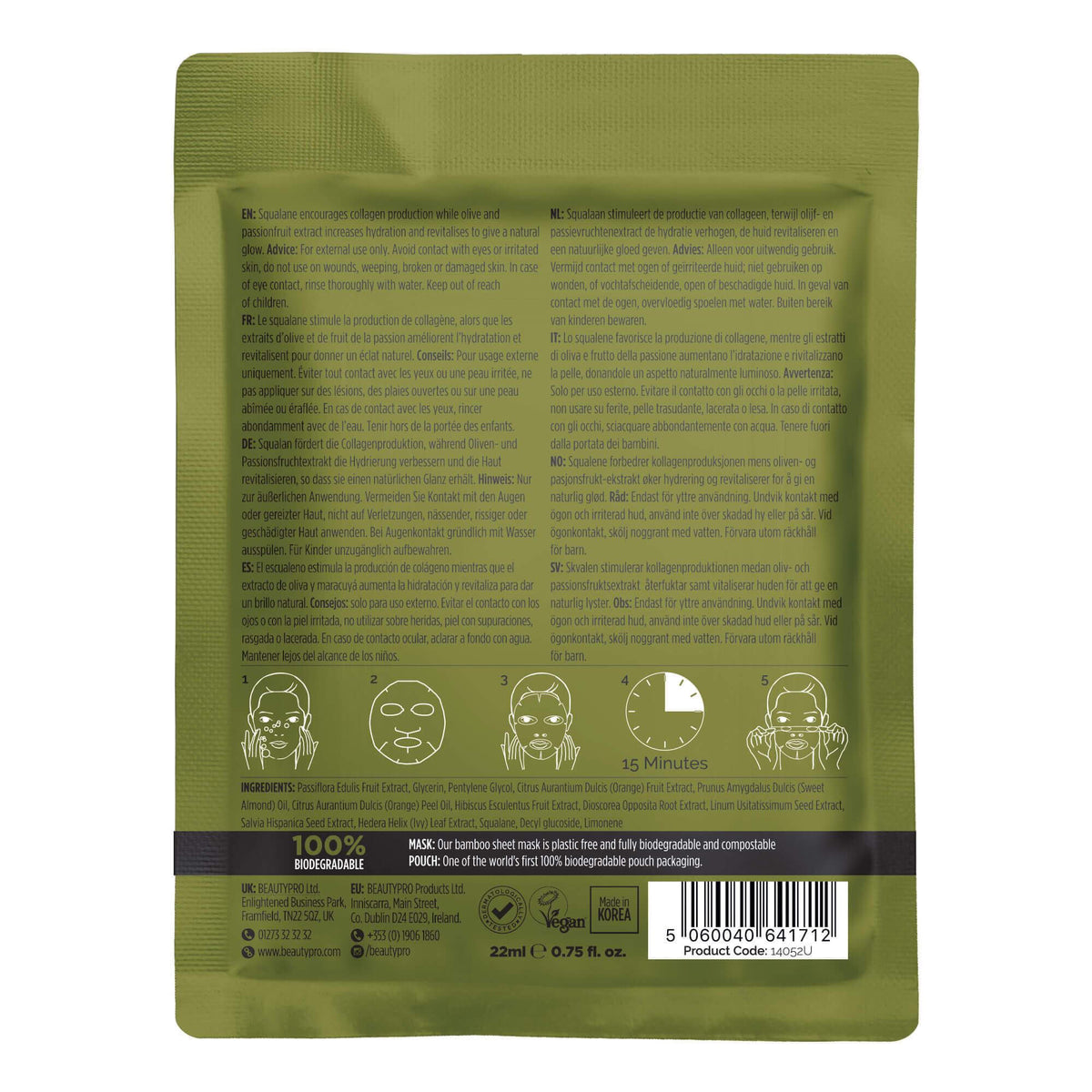 Back packaging of BeautyPro SQUALANE Nourishing Facial Sheet Mask detailing ingredients and usage instructions.
