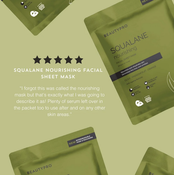 BeautyPro SQUALANE Nourishing Facial Sheet Mask packaging showing plant-based ingredients for radiant skin.