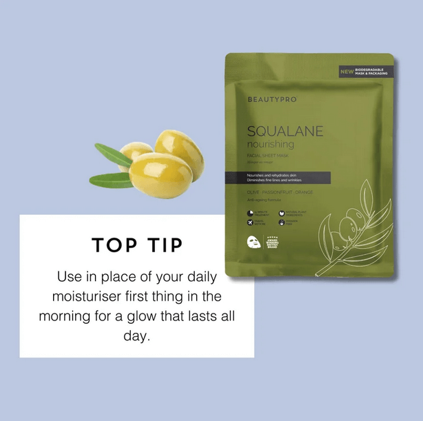 BeautyPro SQUALANE Nourishing Facial Sheet Mask with olive, promoting a glowing complexion and daily skincare tip.