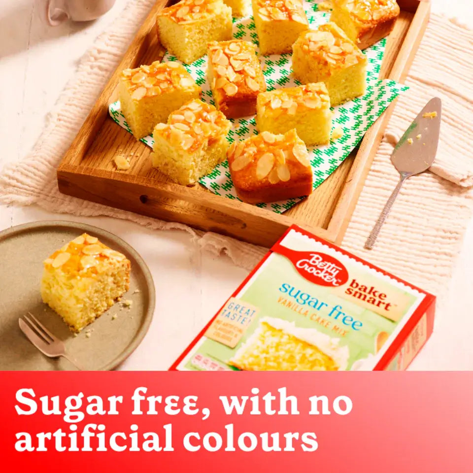 Sliced vanilla cake made with Betty Crocker Bake Smart Sugar Free mix, highlighting its great taste and no artificial colours.
