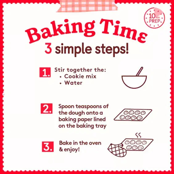Baking instructions for cookies in 3 simple steps: mix ingredients, spoon dough, and bake for perfect cookies.