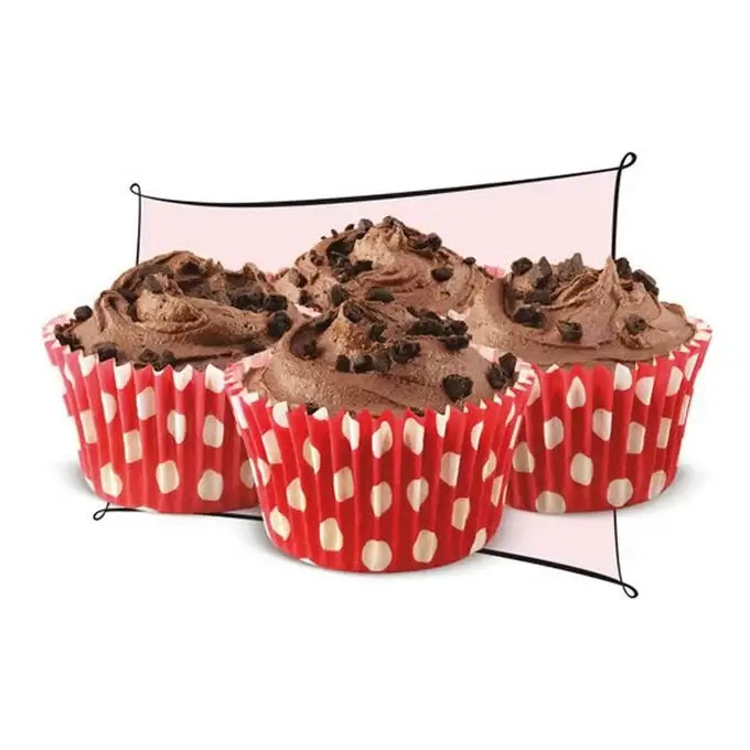 Delicious cupcakes with chocolate frosting in red polka dot wrappers, perfect for any sweet treat occasion.