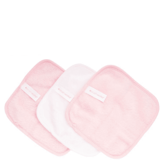 Brushworks 3 pack makeup remover cloths in pink and white, eco-friendly and reusable for gentle makeup removal.