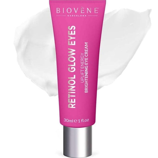 BIOVENE Retinol Glow Eyes Uplift Energy Brightening Eye Cream 30ml tube with white cream background.