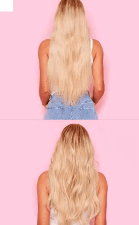 Comparison of long blonde hair styled straight and with soft waves against a pink background.