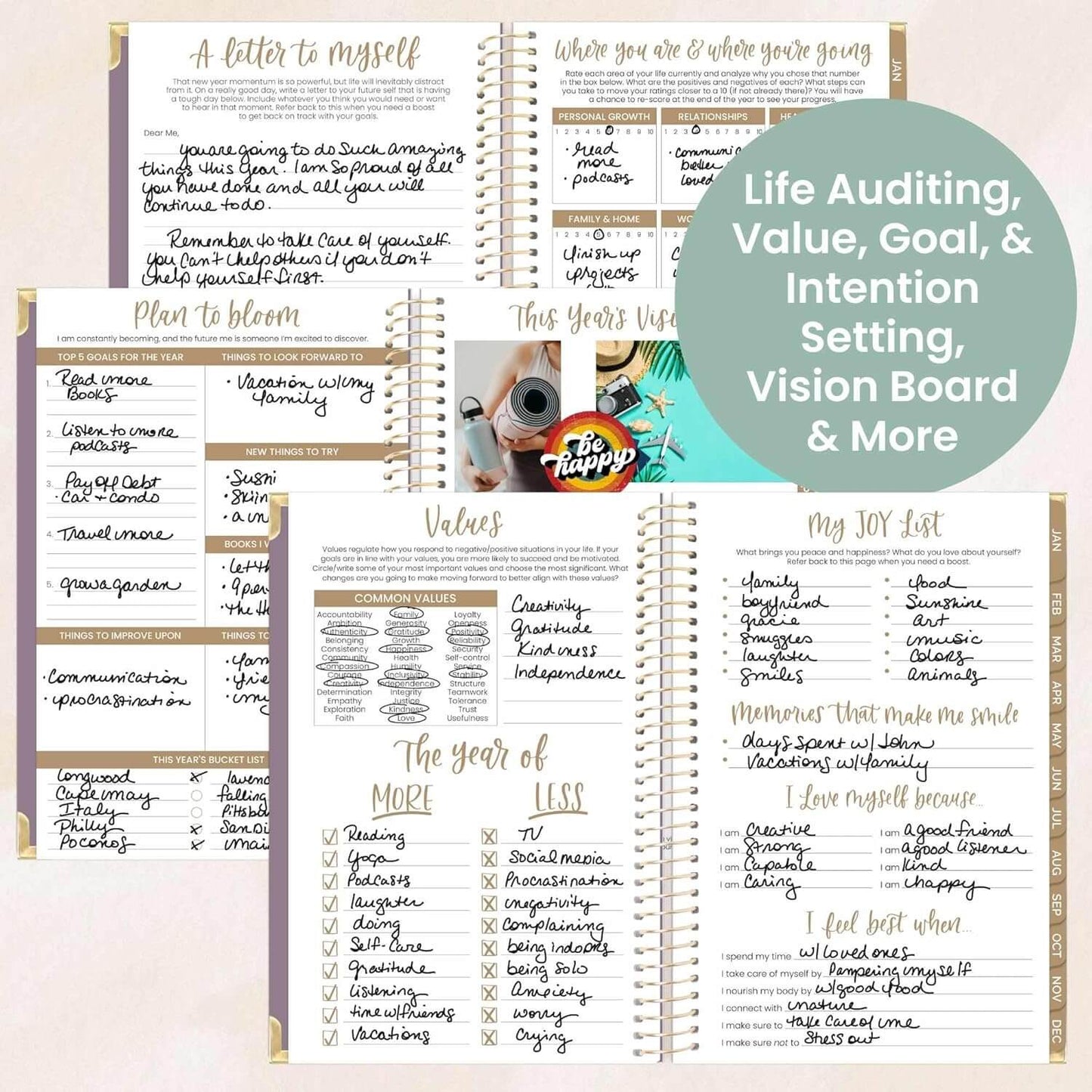 Bloom Daily Planners HARDCOVER 2026 showcasing life auditing, goal setting, and vision board features.