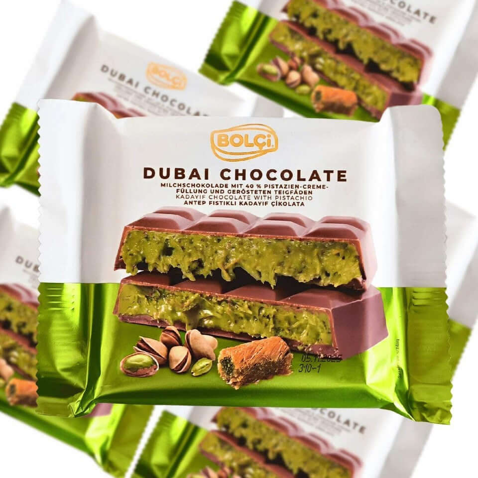 Bolci Dubai Chocolate with pistachio kadayif filling, showcasing rich milk chocolate and green pistachios.