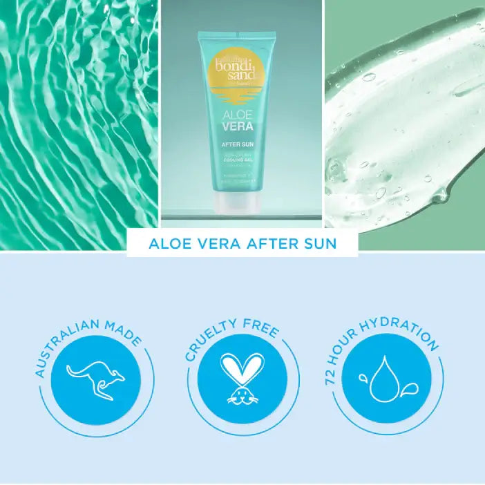 Aloe vera after Bondi Sands sun product with water texture, branding, and hydration benefits on a blue background.