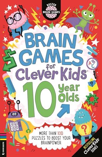 Brain Games for Clever Kids® 10 Year puzzle book cover featuring colorful characters and brain-boosting activities.