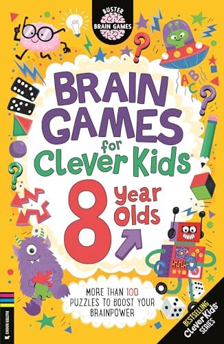 Cover of Brain Games for Clever Kids® 8 Year Olds book with colorful illustrations and puzzles to boost brainpower.