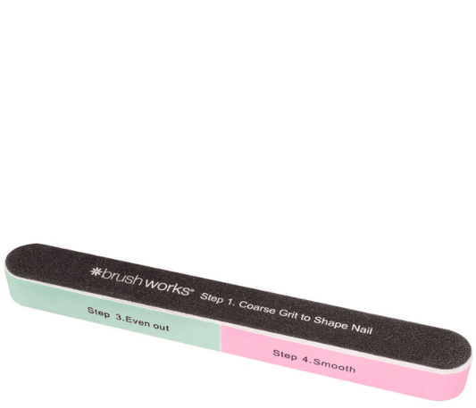 Brushworks 6 Way Shape and Shine Nail Buffer showing steps to shape, even out, and smooth nails.