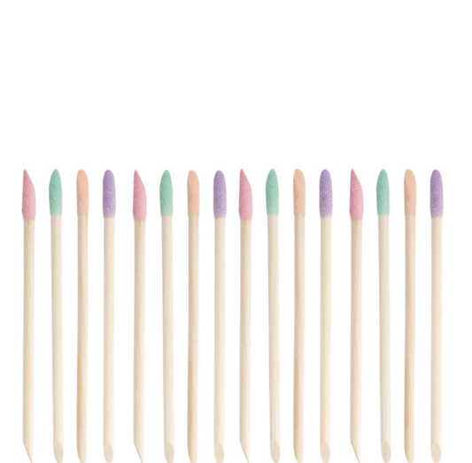 Brushworks Cuticle Crystal Sticks set displaying 16 dual-ended wooden cuticle sticks in pastel colors.