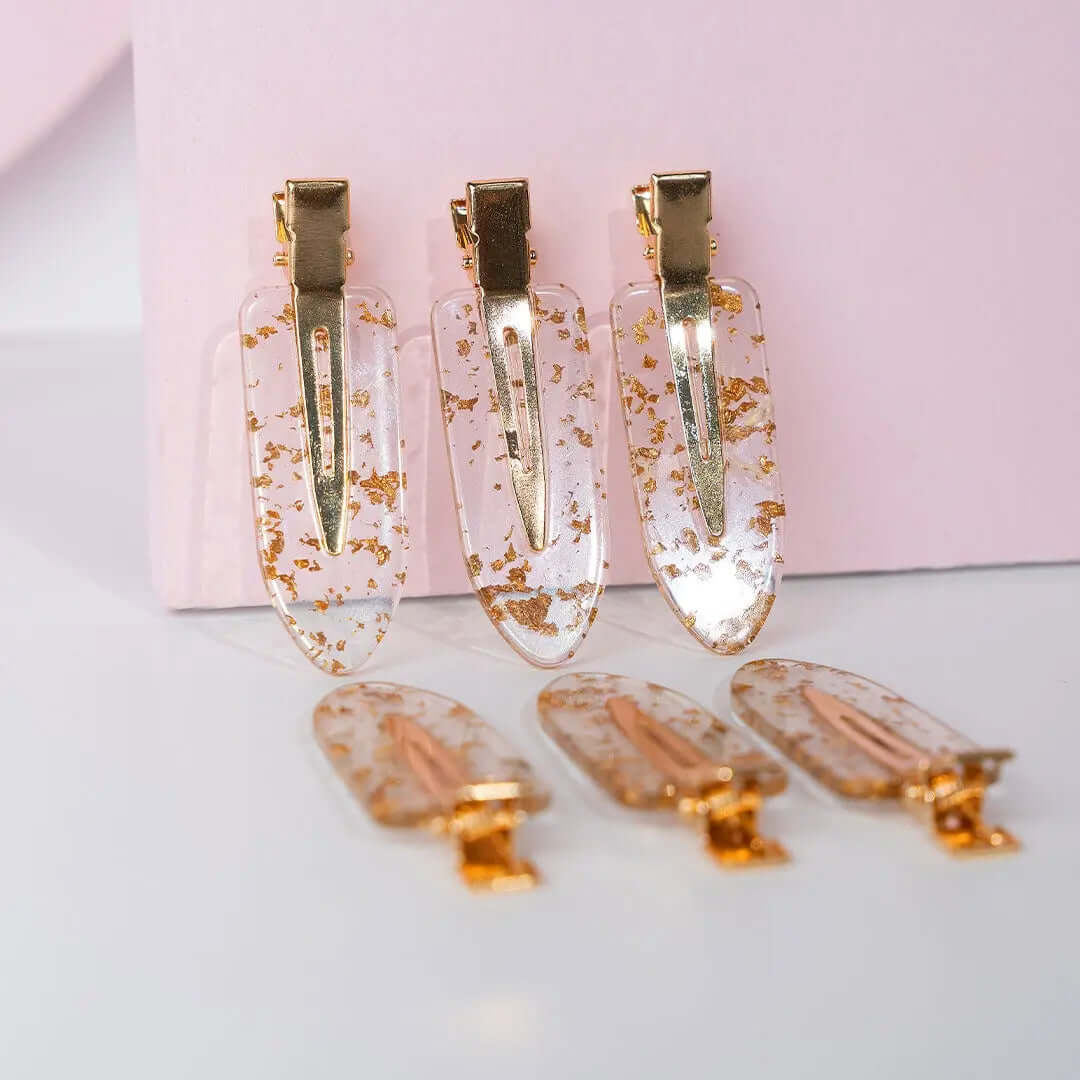 Brushworks Gold Flake No Crease Clips in clear and gold design, perfect for keeping hair stylishly in place without kinks.
