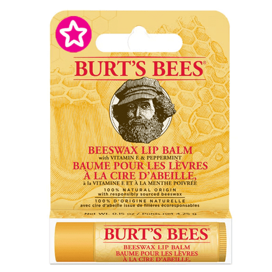 Burt's Bees Beeswax Lip Balm with Vitamin E and Peppermint in yellow packaging, 4.25g tube for moisturized lips.