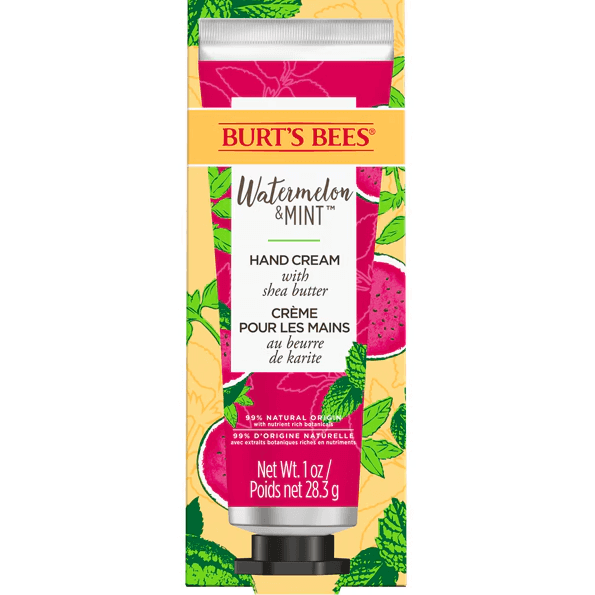 Burt's Bees Watermelon & Mint Hand Cream with shea butter, 28.3g, hydrating and soothing for dry hands.