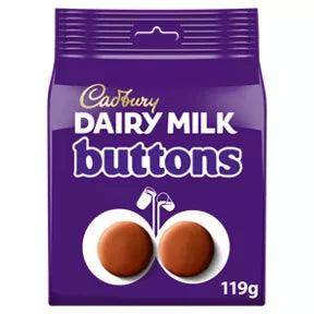 Cadbury Dairy Milk Giant Buttons Chocolate Share Bag 119g, suitable for vegetarians, milk chocolate treats.