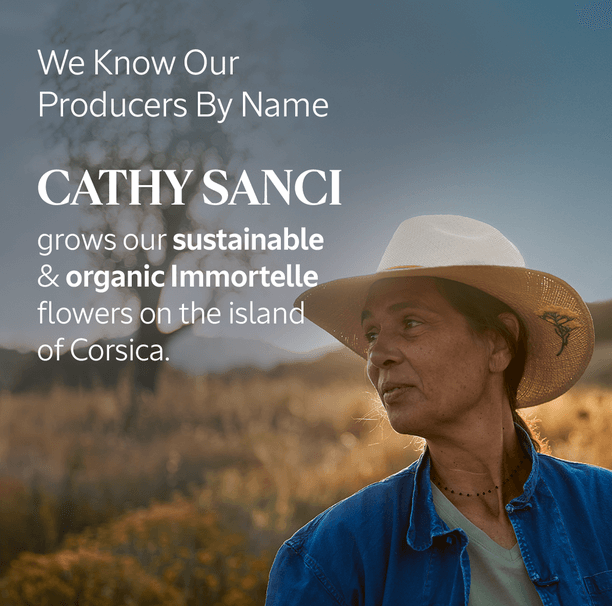 Cathy Sanci, producer of sustainable and organic Immortelle flowers on Corsica, promoting L'Occitane's commitment to quality.