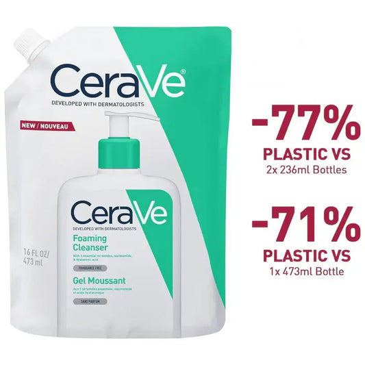 CeraVe Foaming Cleanser refill pouch shown on a white background, with a pump bottle pictured on the front and large red text on the right comparing plastic vs bottle sizes.