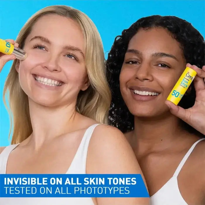 Two women using a CeraVe sunscreen stick with a blue background and text about skin tones.