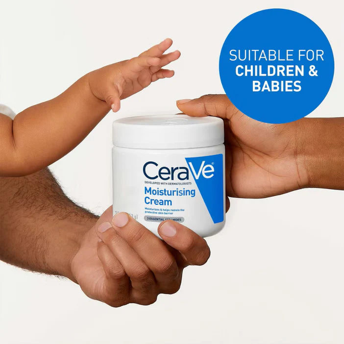 CeraVe moisturizing cream being passed from an adult to a child's hand on a white background