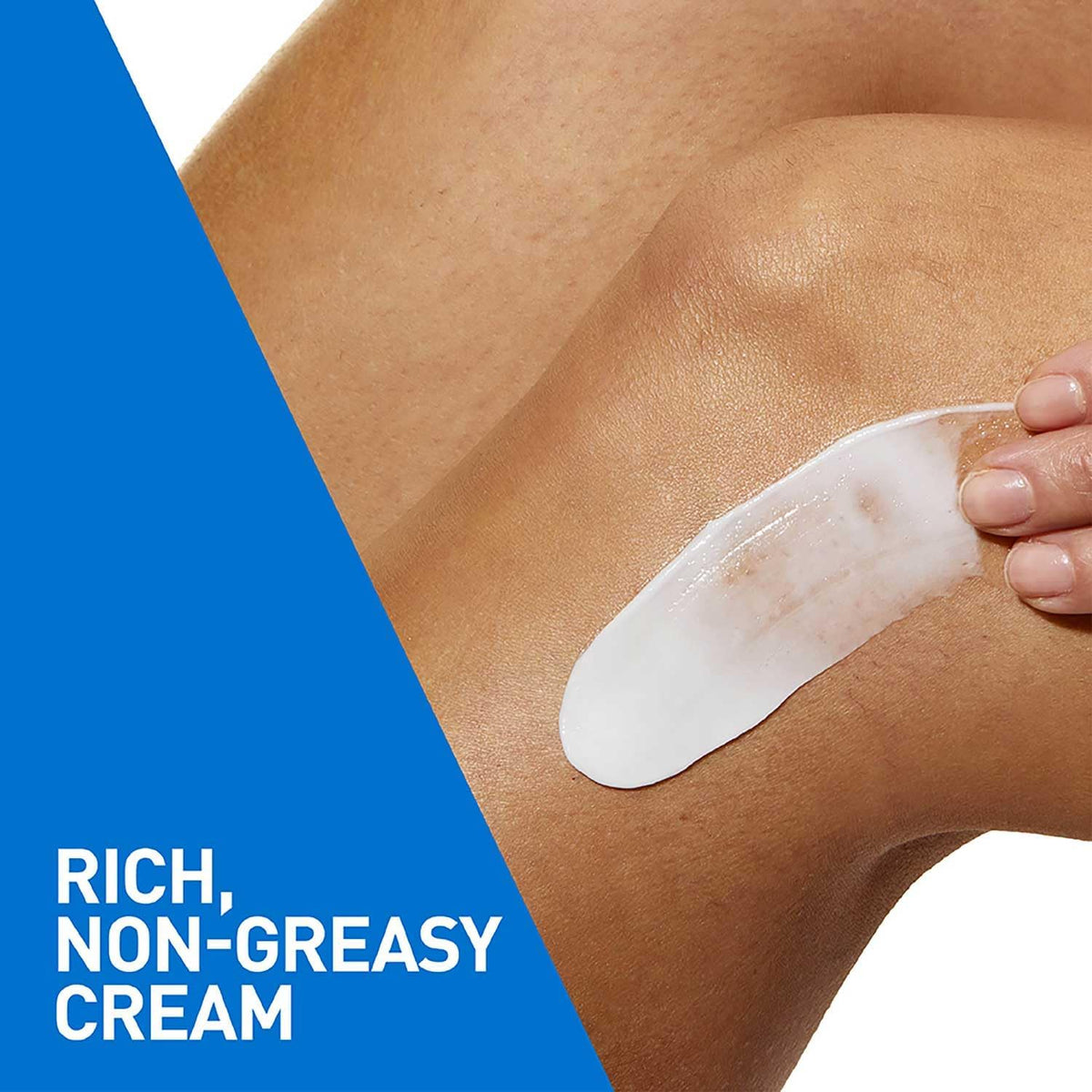 Person applying a CeraVe cream strip to their leg with a blue background and text 'Rich, Non-Greasy Cream'.