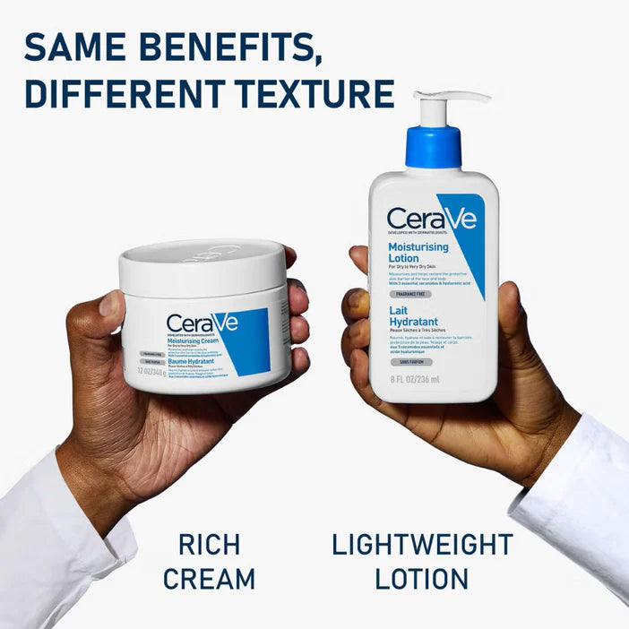 CeraVe moisturizing cream and lotion held by hands with text 'Same benefits, different texture'.