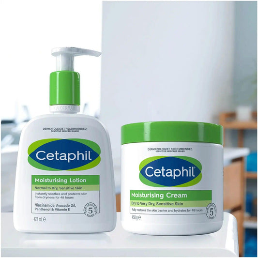 Cetaphil Moisturising Lotion and Cream for dry, sensitive skin with avocado oil and vitamin E for long-lasting hydration.