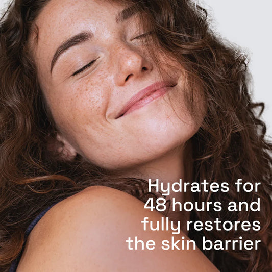 Woman with closed eyes and a neutral expression, with text about Cetaphil skin hydration.