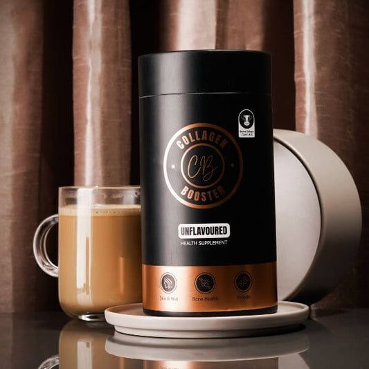 Collagen Booster Pure Hydrolysed Bovine Collagen Powder, unflavoured health supplement, served with a warm drink.