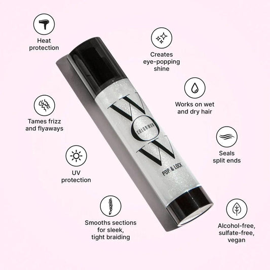 COLOR Wow Pop & Lock High Gloss Finish 55ml spray with heat protection, UV filter, and frizz control for shiny hair.