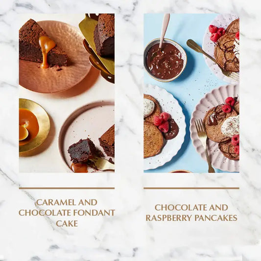 Delicious Lindt recipes: Caramel and chocolate fondant cake next to chocolate and raspberry pancakes.