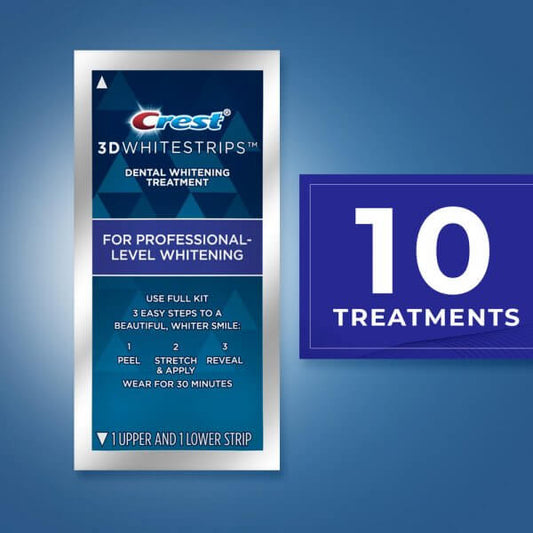 Crest 3D Whitestrips Professional Effects packaging, offers 10 dental whitening treatments for a brighter smile.