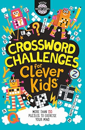 Colorful cover of Crossword Challenges for Clever Kids® featuring cartoon robots and puzzle themes.