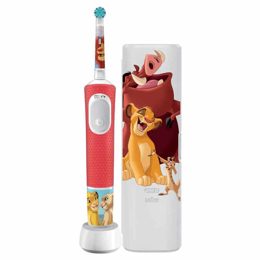 Oral-B Pro Kids Electric Toothbrush featuring Lion King design, ideal for kids aged 3+, with fun stickers for personalization.