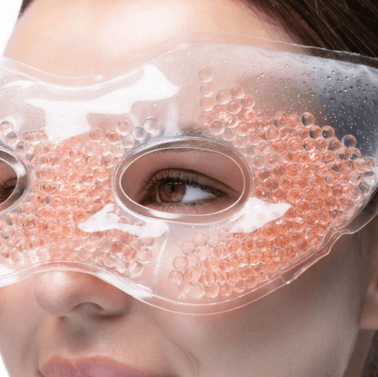 Close-up of a woman wearing Brushworks Spa Gel Eye Mask with gel beads for soothing tired eyes.