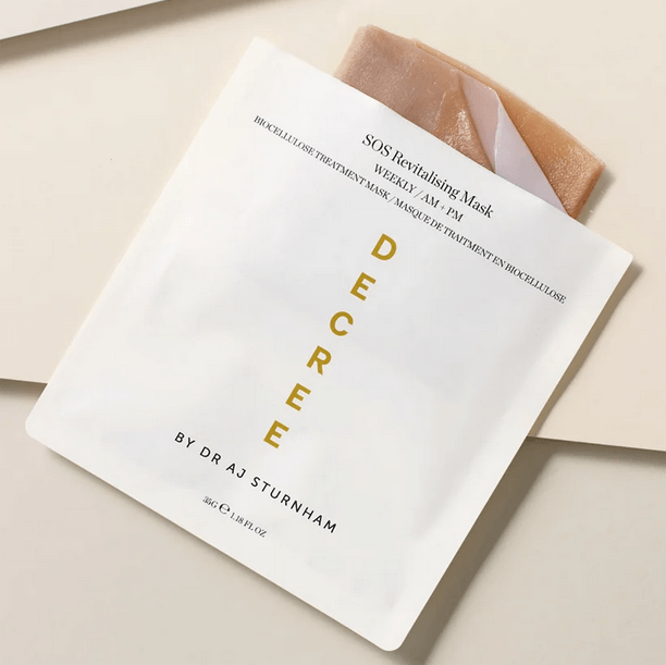 Decree SOS Revitalising Mask by Dr AJ Sturnham, single-use skincare treatment pack for home-spa glow.