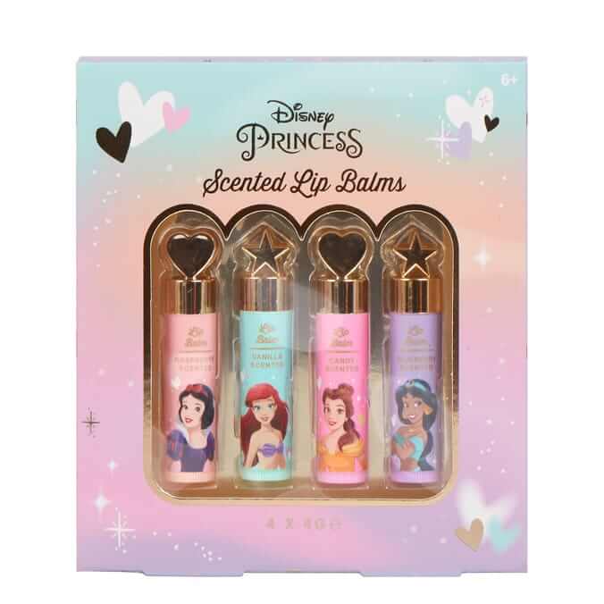 Disney Princess scented lip balms pack featuring raspberry, candy, vanilla, and blueberry flavors in colorful packaging.