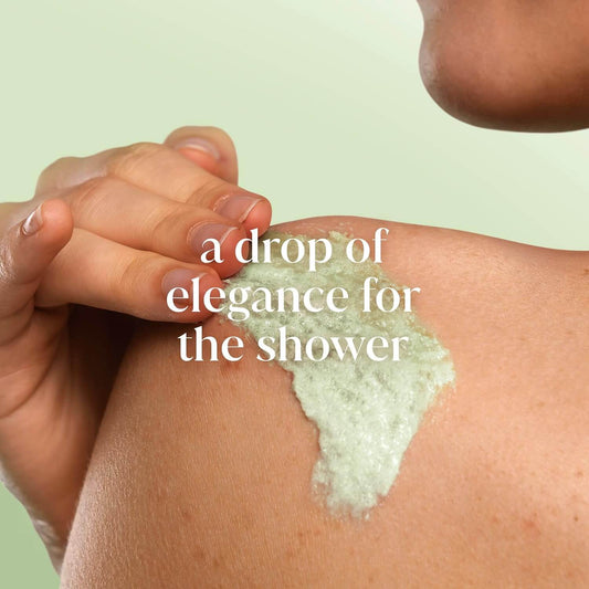 Hand applying a Dove green skincare product to skin with text 'a drop of elegance for the shower' on a light green background.