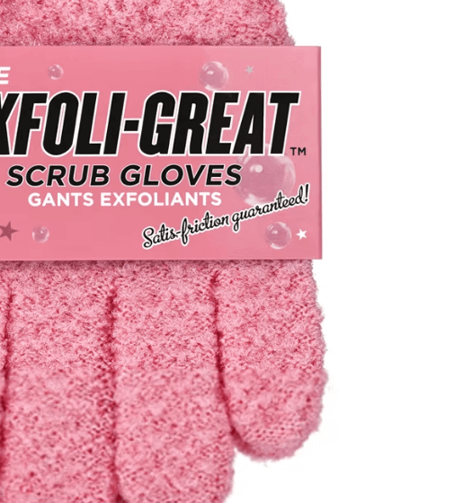 Soap & Glory Exfoliating Scrub Gloves in pink, ideal for super-exfoliating and smooth skin.