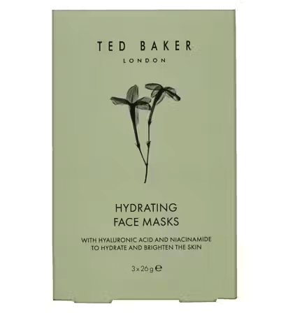 Ted Baker Jasmine & Lime Blossom Hydrating Face Mask packaging showcasing hyaluronic acid and niacinamide benefits.