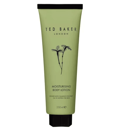 Ted Baker Jasmine & Lime Blossom Body Lotion 250ml in green tube, infused with calming coconut oil for soft skin.