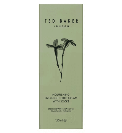 Ted Baker Jasmine & Lime Blossom Overnight Foot Mask 150ml packaging featuring nourishing formula with shea butter.