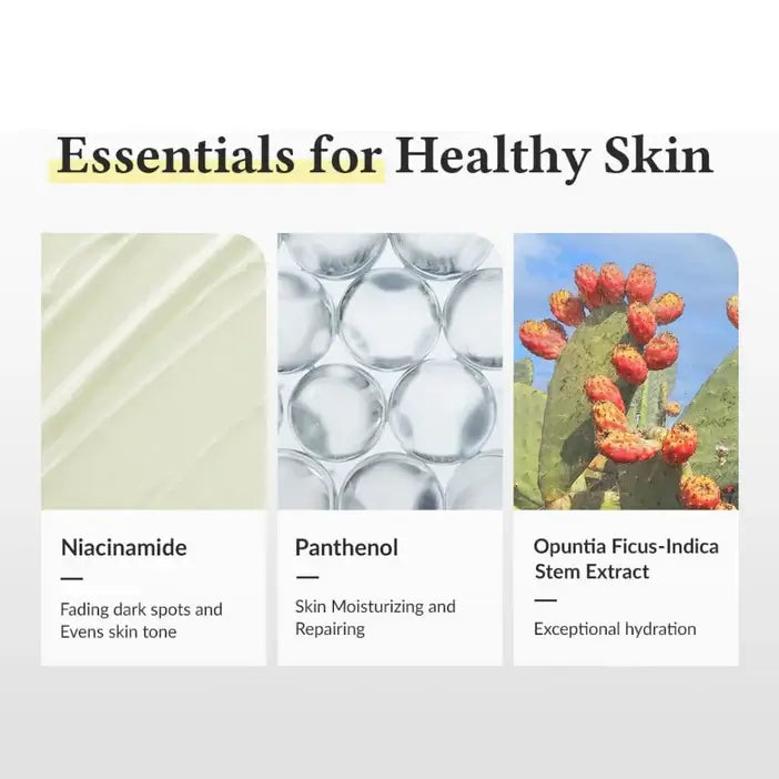Dr. Althea Product display with images of niacinamide, panthenol, and opuntia ficus-indica stem extract, labeled as essentials for healthy skin.