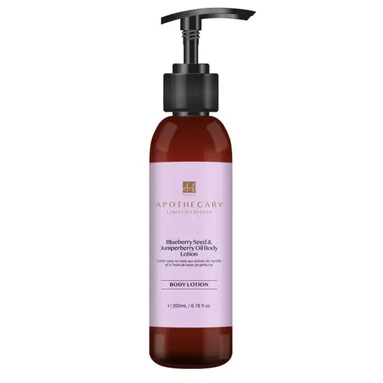 Dr. Botanicals Blueberry Seed & Juniperberry Oil Body Lotion 200ml bottle with pump, moisturizing and brightening formula.