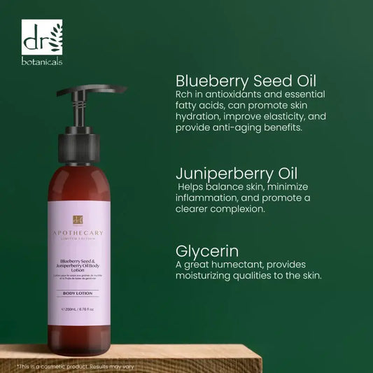 Dr. Botanicals Blueberry Seed & Juniperberry Oil Body Lotion with benefits of hydration and skin balance.
